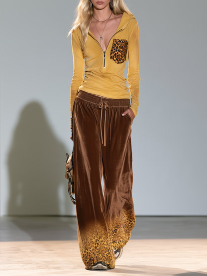 Women Retro Sporty Half-Zip Top And Leopard Velvet Wide-Leg Pants Set
