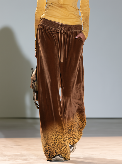 Women Retro Sporty Half-Zip Top And Leopard Velvet Wide-Leg Pants Set