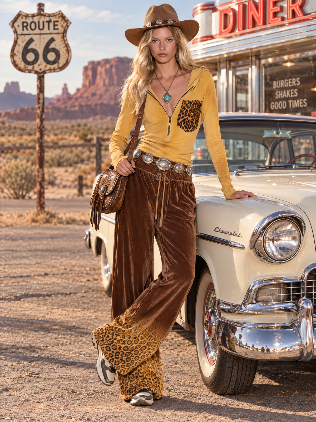 Women Retro Sporty Half-Zip Top And Leopard Velvet Wide-Leg Pants Set