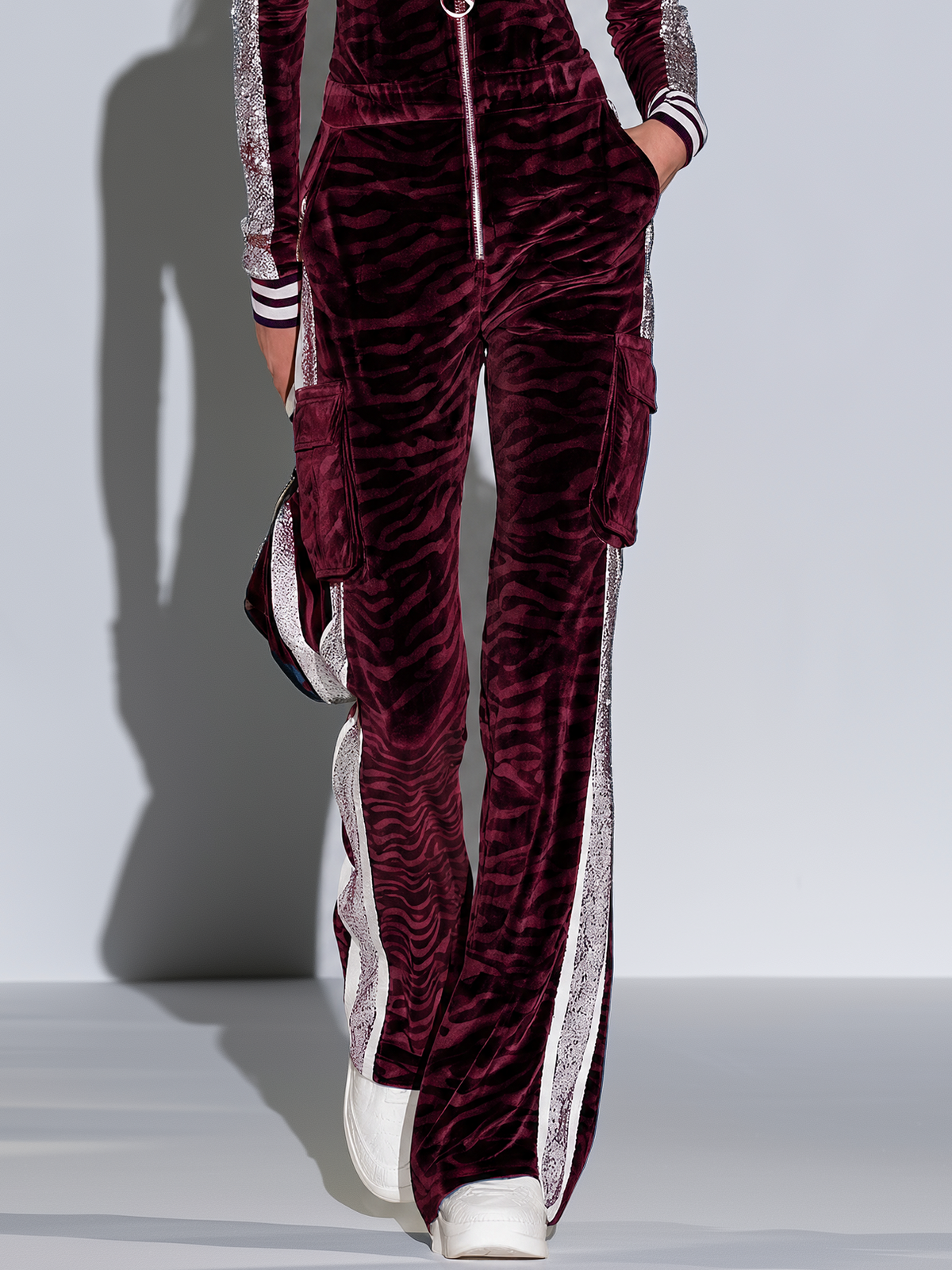Women Retro-Sporty Zebra Print Velvet Zip Front Jumpsuit Burgundy