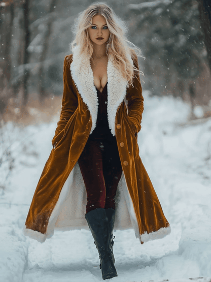 Loose Vintage Velvet Wool Splicing Single Breasted Pocket Long Coat