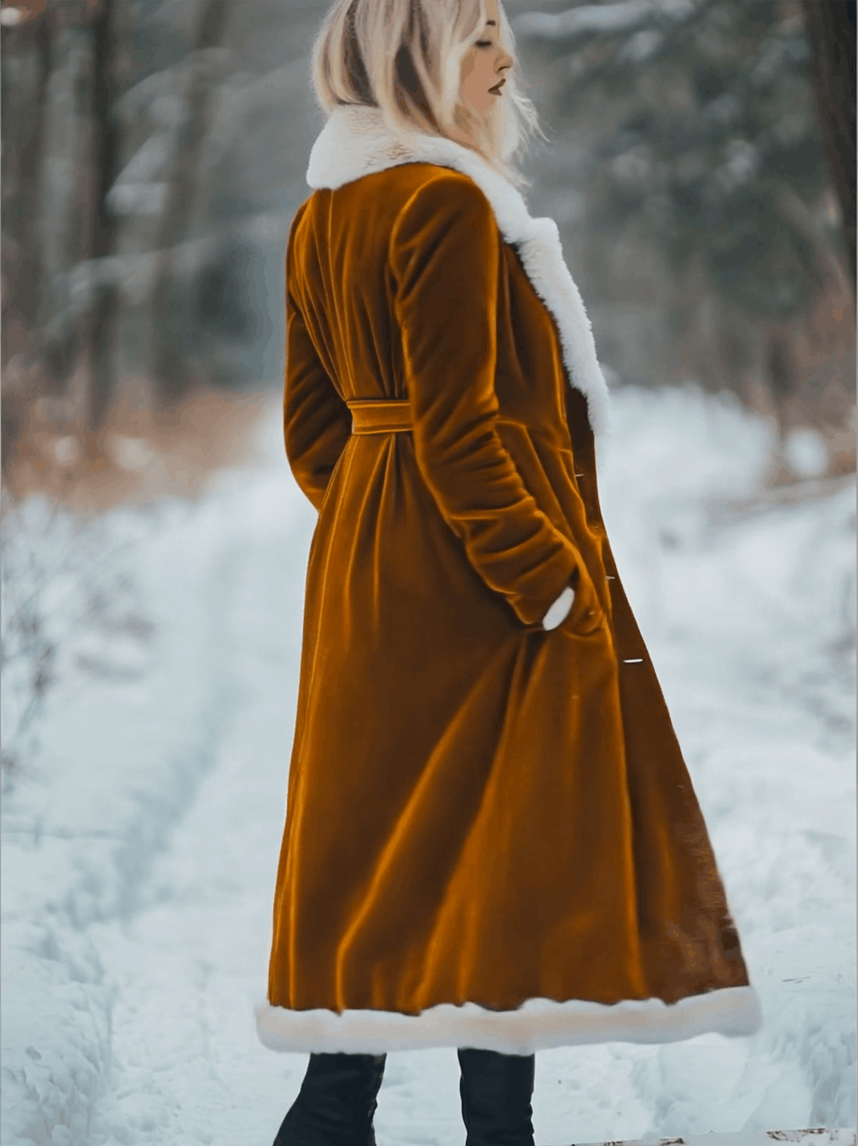 Loose Vintage Velvet Wool Splicing Single Breasted Pocket Long Coat