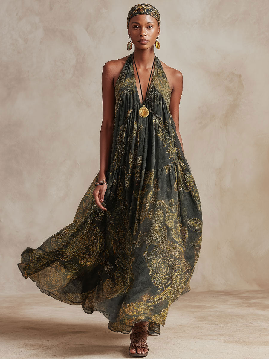 Vintage-style Paisley Dark Green Chiffon Sleeveless Maxi Dress