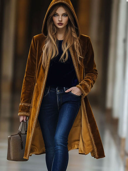 Casual Loose Vintage Velvet Gold Edge Hooded Coat