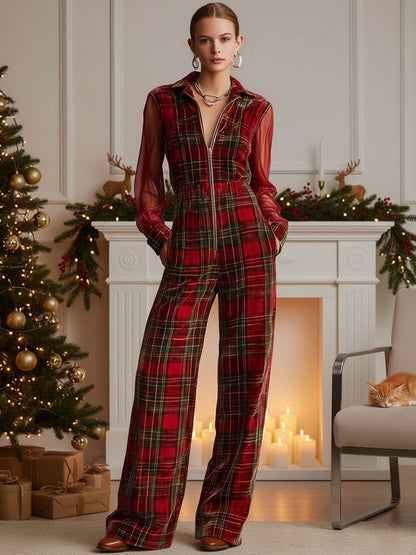 Retro Long-sleeved Mesh Red And Green Plaid Velvet Wide-leg Jumpsuit
