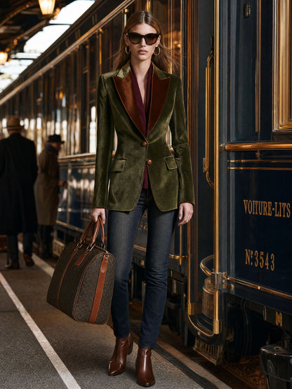 Casual Retro Brown Lapel Moss Green Velvet Blazer