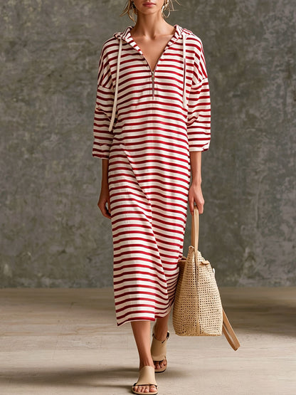 Casual Sporty Retro Black And White Striped Pure Cotton Hooded Midi Dress