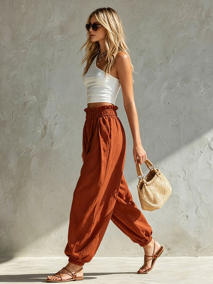 Retro White Off-shoulder Cotton T-shirt And Orange Cotton-linen Lantern Pants Set