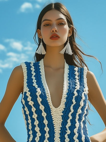 Fashion Holiday Blue and White Crochet Tassel V-Neck Vest Mini Dress