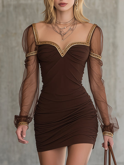 Elegant Brown Patchwork Tulle And Gold Ribbon Mini Dress