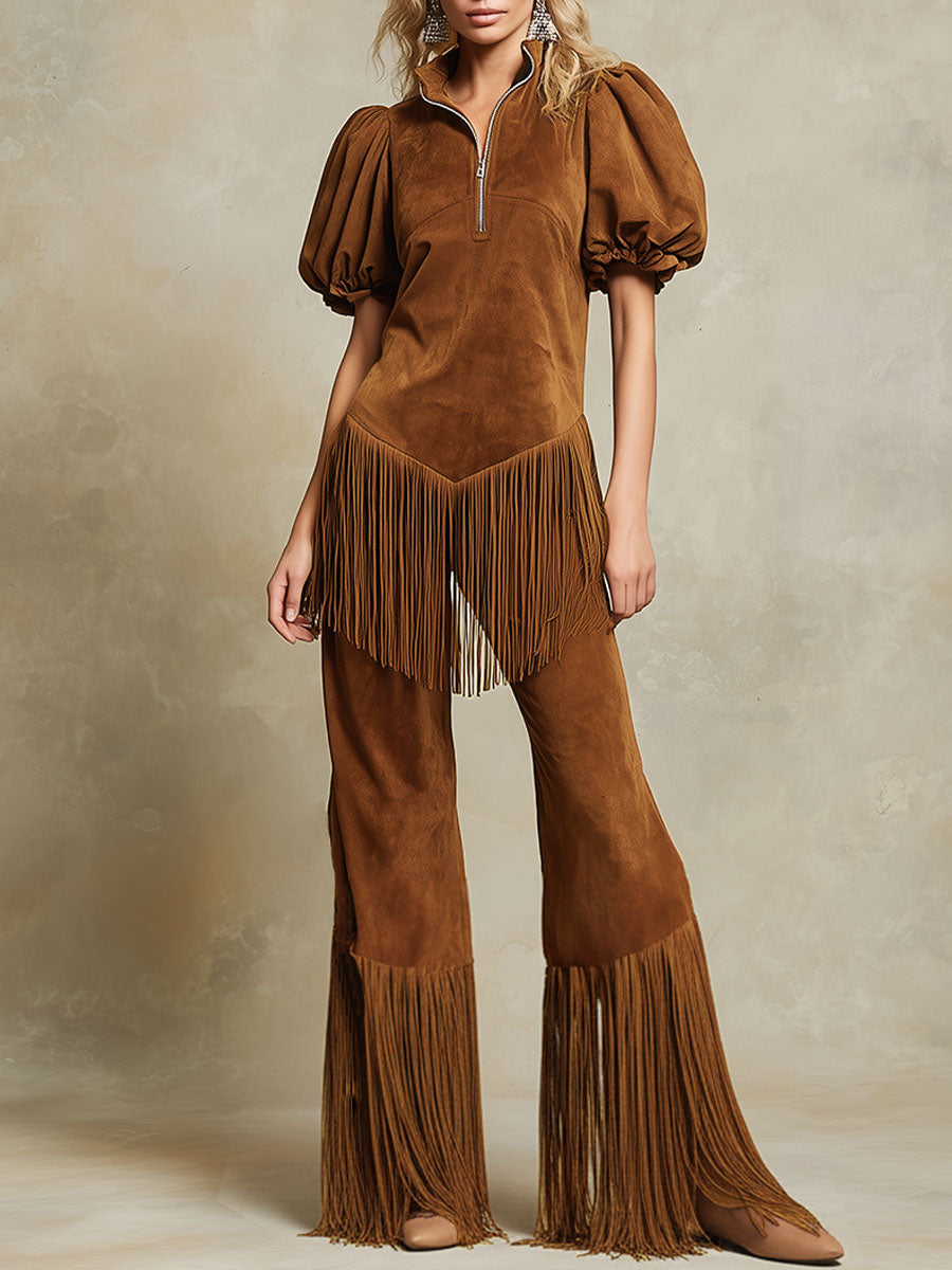 Western Retro Tassel Brown Faux Suede Short-sleeved Top And Pants Set