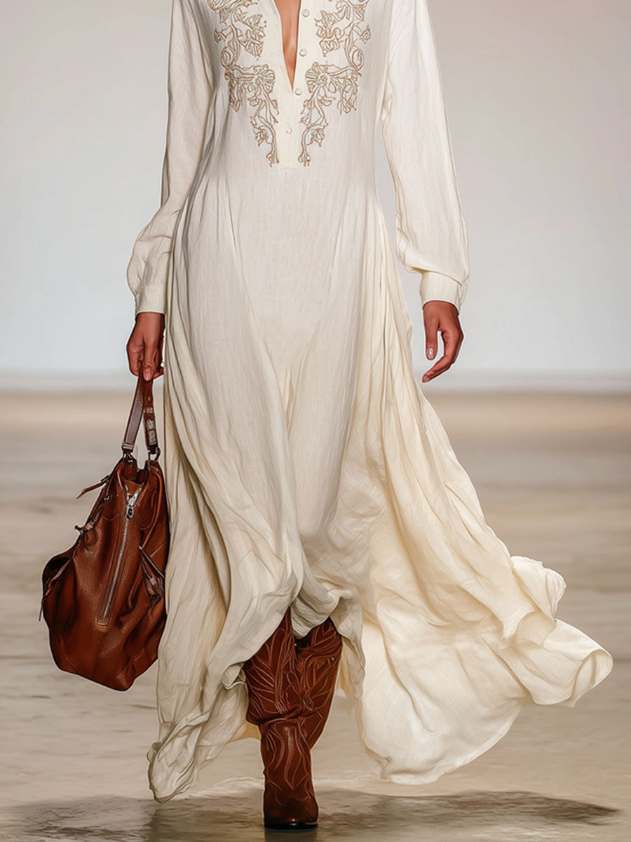 Lapel Half-open Button Cotton Linen Embroidered Long-sleeved Maxi Dress