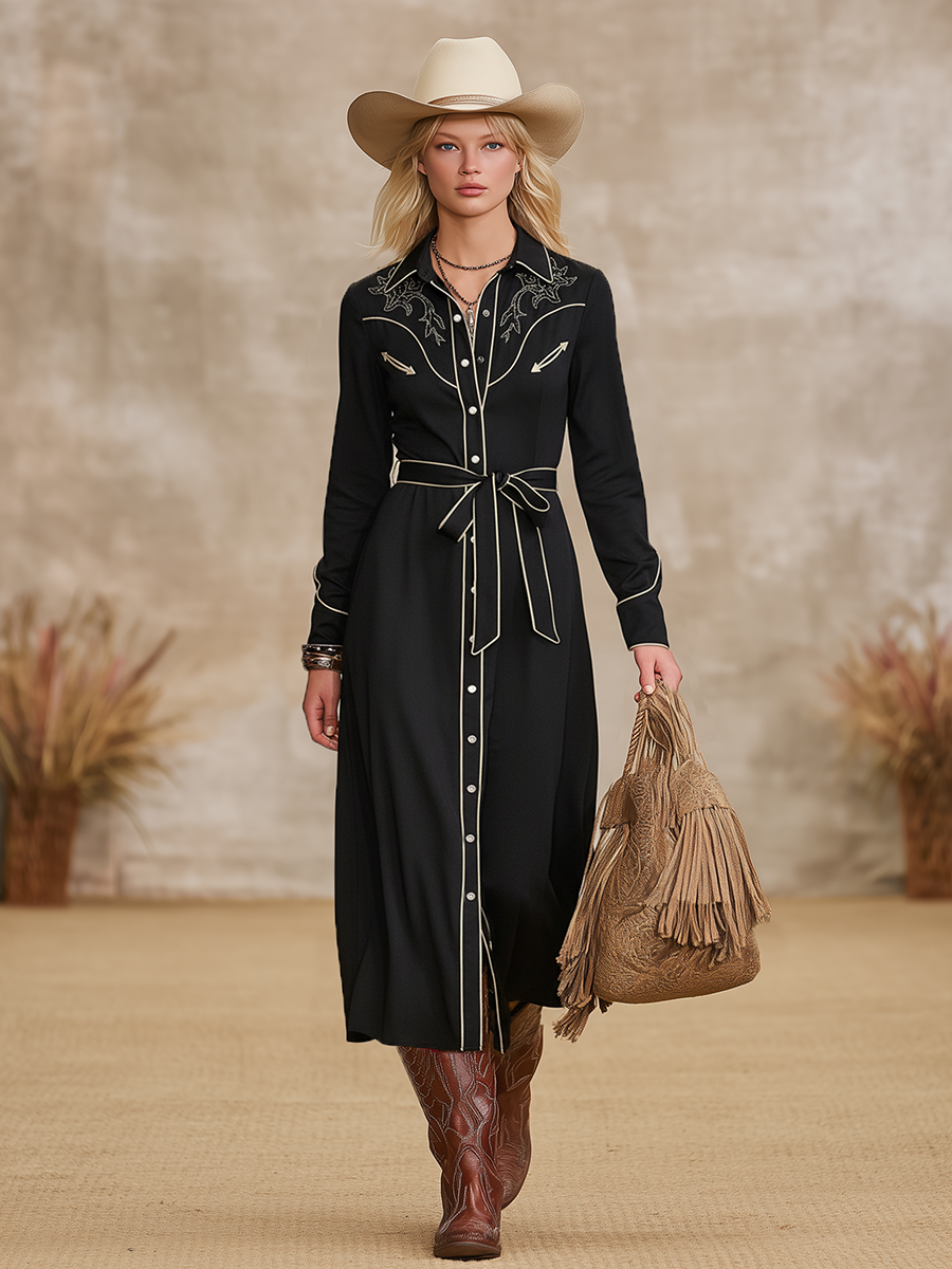 Chic Western Embroidered White Striped Black Matte Satin Maxi Dress