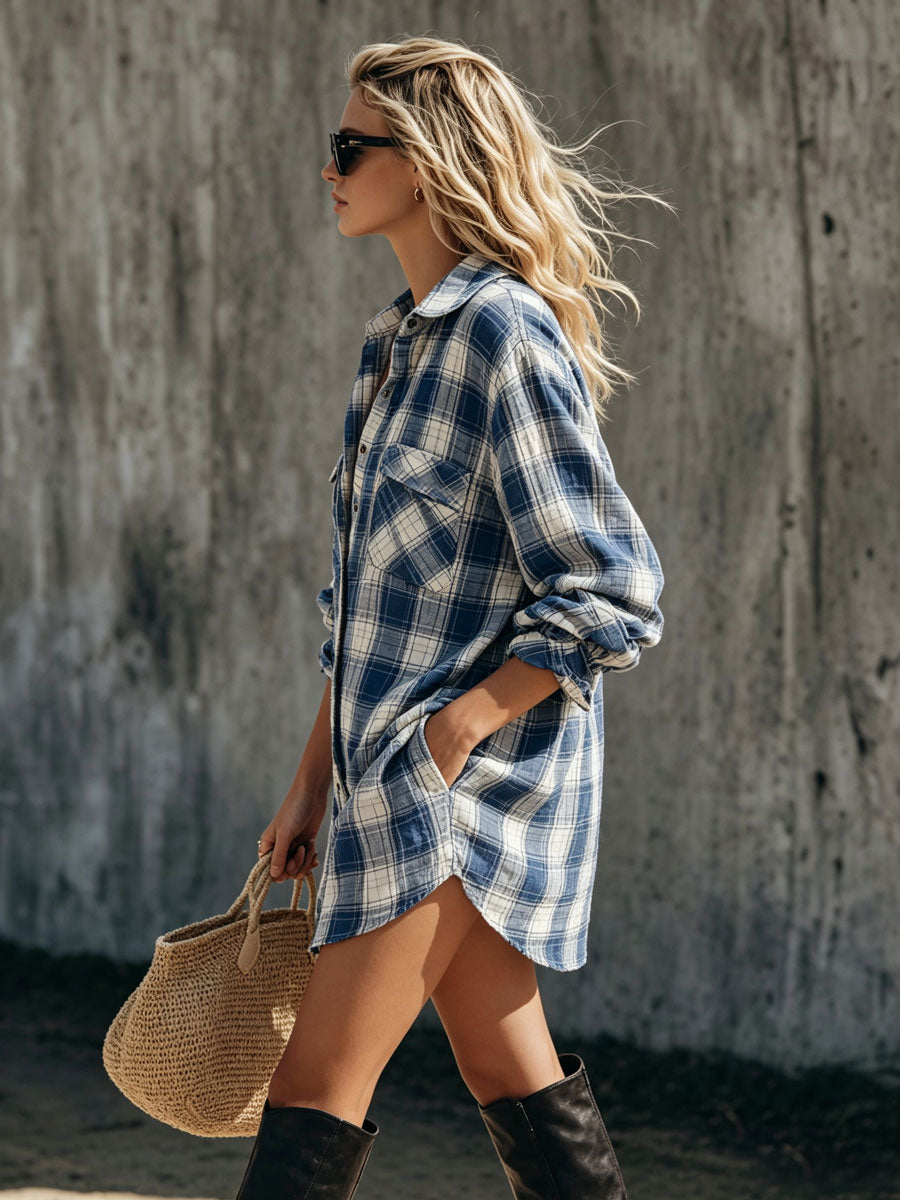 Casual Retro Blue Plaid Cotton Linen Long-sleeved Shirt Dress