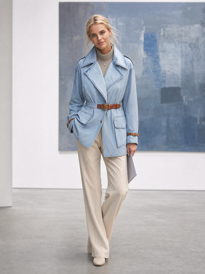 Light Blue Denim Trench Jacket Women Oversized Belted Utility Cargo Coat