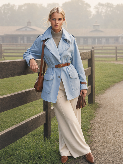 Light Blue Denim Trench Jacket Women Oversized Belted Utility Cargo Coat