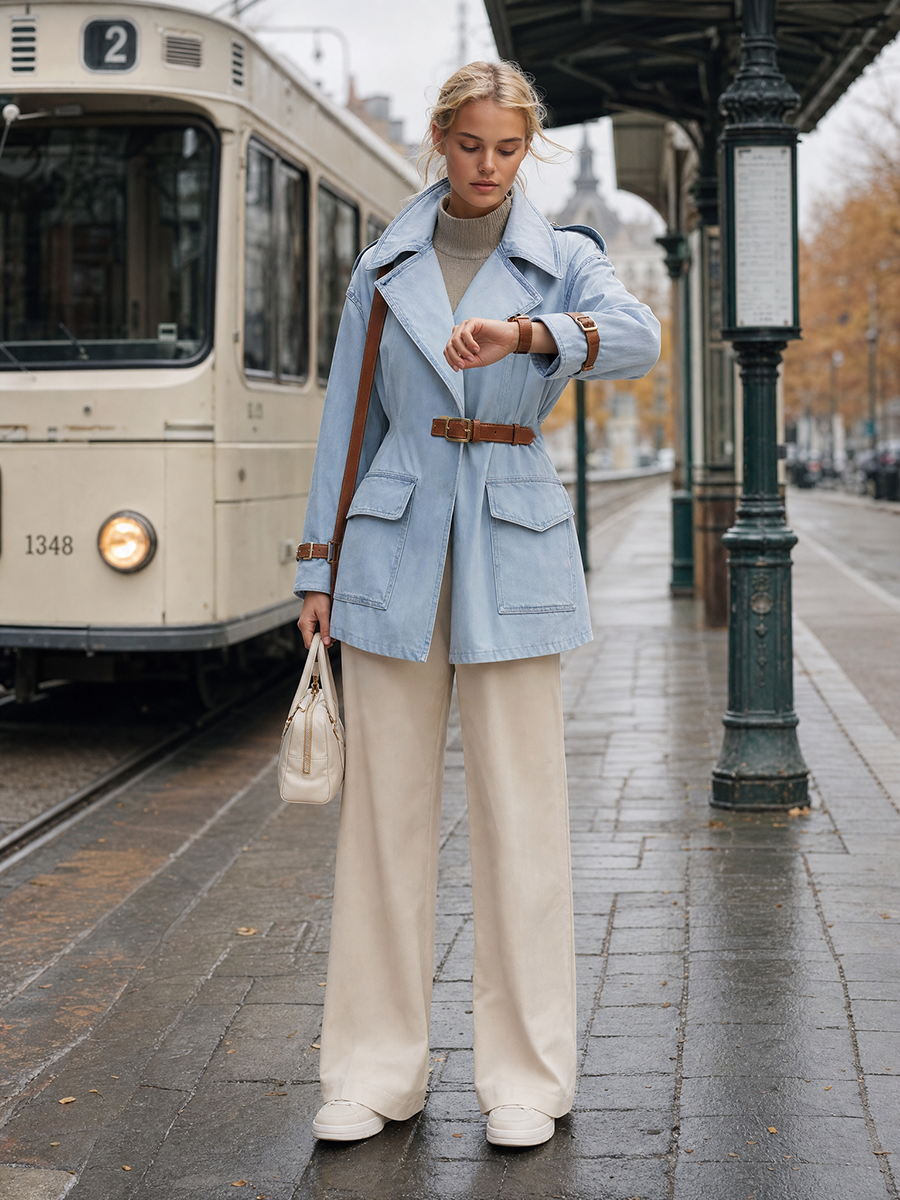 Light Blue Denim Trench Jacket Women Oversized Belted Utility Cargo Coat