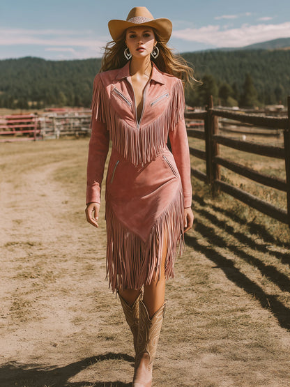 Western Retro Long-Sleeved Pink Faux Suede Tassel Zipper Midi Dress