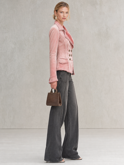 pink-washed-denim-jacket-frayed-distressed-double-breasted-slim-fit-lapel-suit - Oyrosy