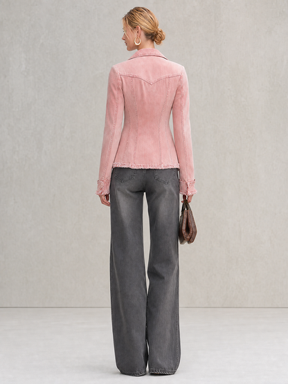 pink-washed-denim-jacket-frayed-distressed-double-breasted-slim-fit-lapel-suit - Oyrosy