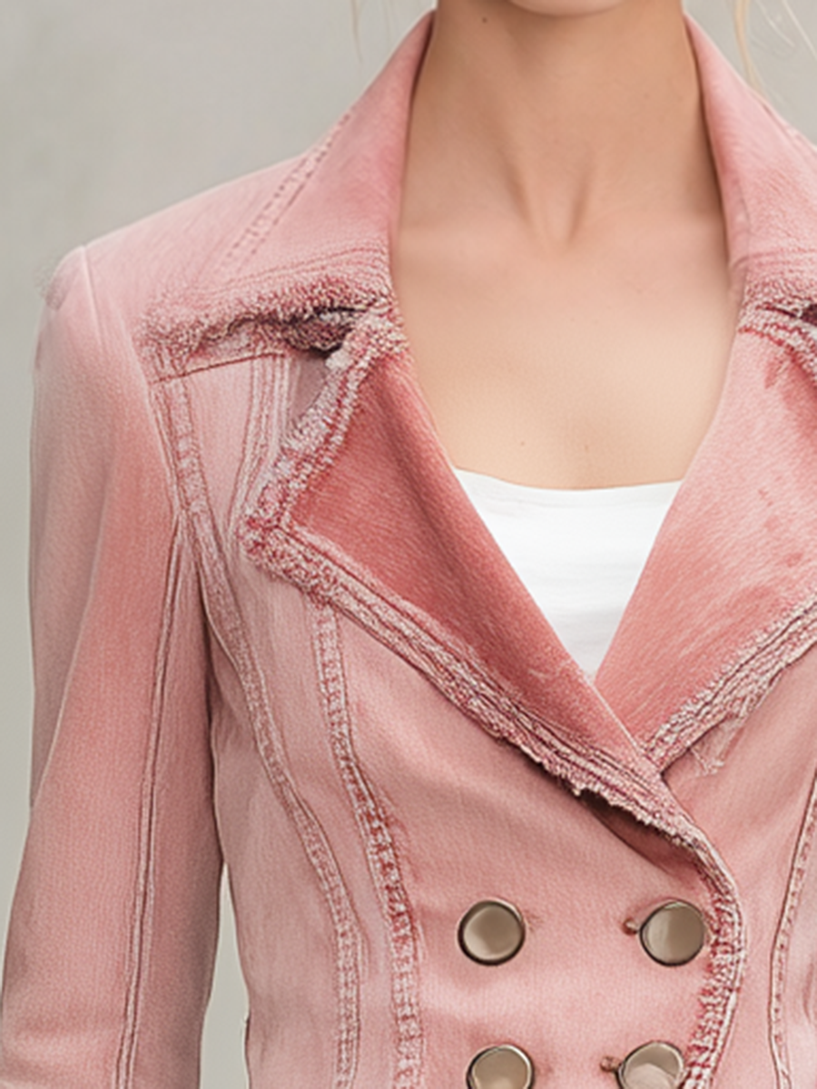 Pink Washed Denim Jacket Frayed Distressed Double-breasted Slim-fit Lapel Suit
