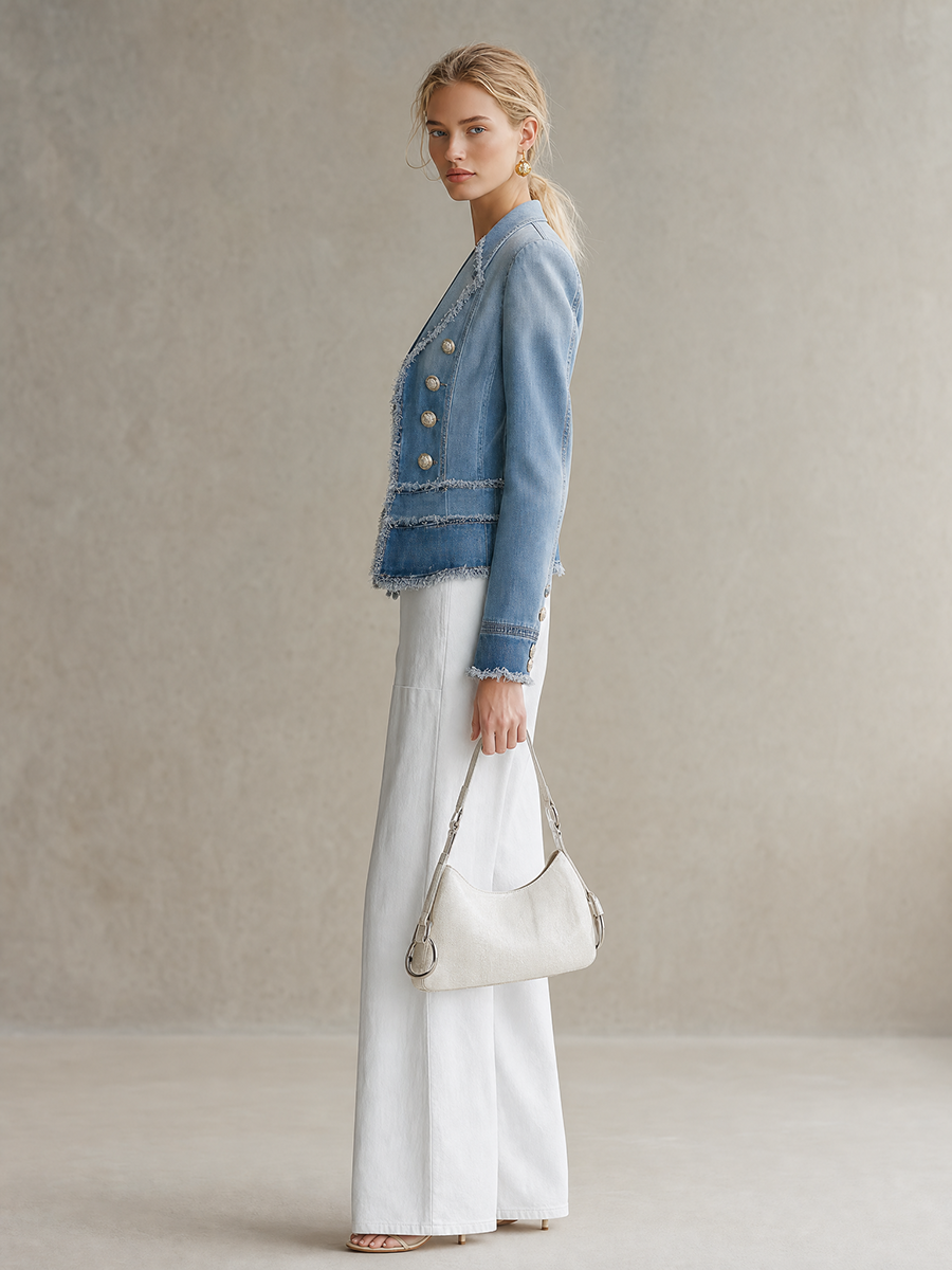 Light Blue Frayed Denim Blazer Women Double-Breasted Cropped Fitted Western Jacket