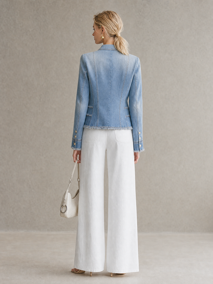 Light Blue Frayed Denim Blazer Women Double-Breasted Cropped Fitted Western Jacket
