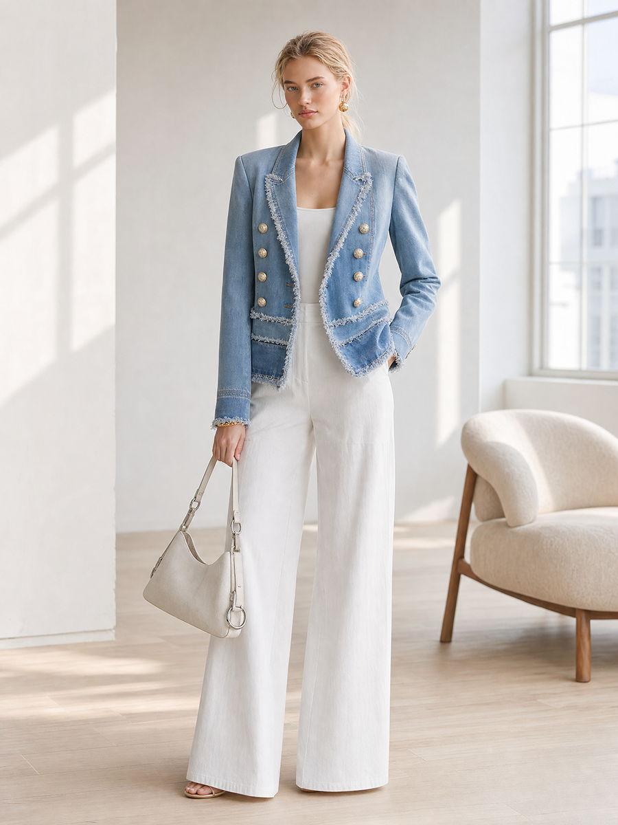 Light Blue Frayed Denim Blazer Women Double-Breasted Cropped Fitted Western Jacket