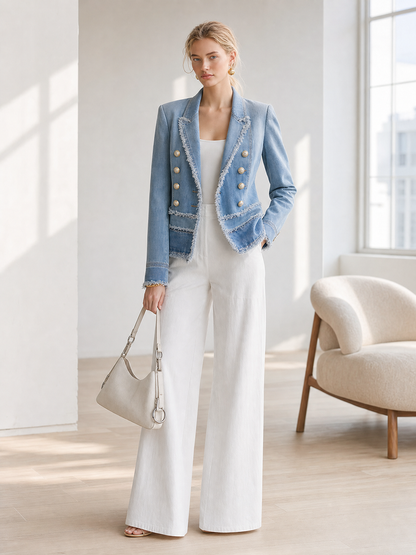 Light Blue Frayed Denim Blazer Women Double-Breasted Cropped Fitted Western Jacket