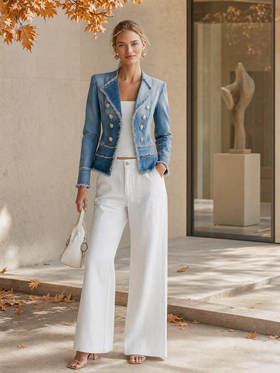 Light Blue Frayed Denim Blazer Women Double-Breasted Cropped Fitted Western Jacket