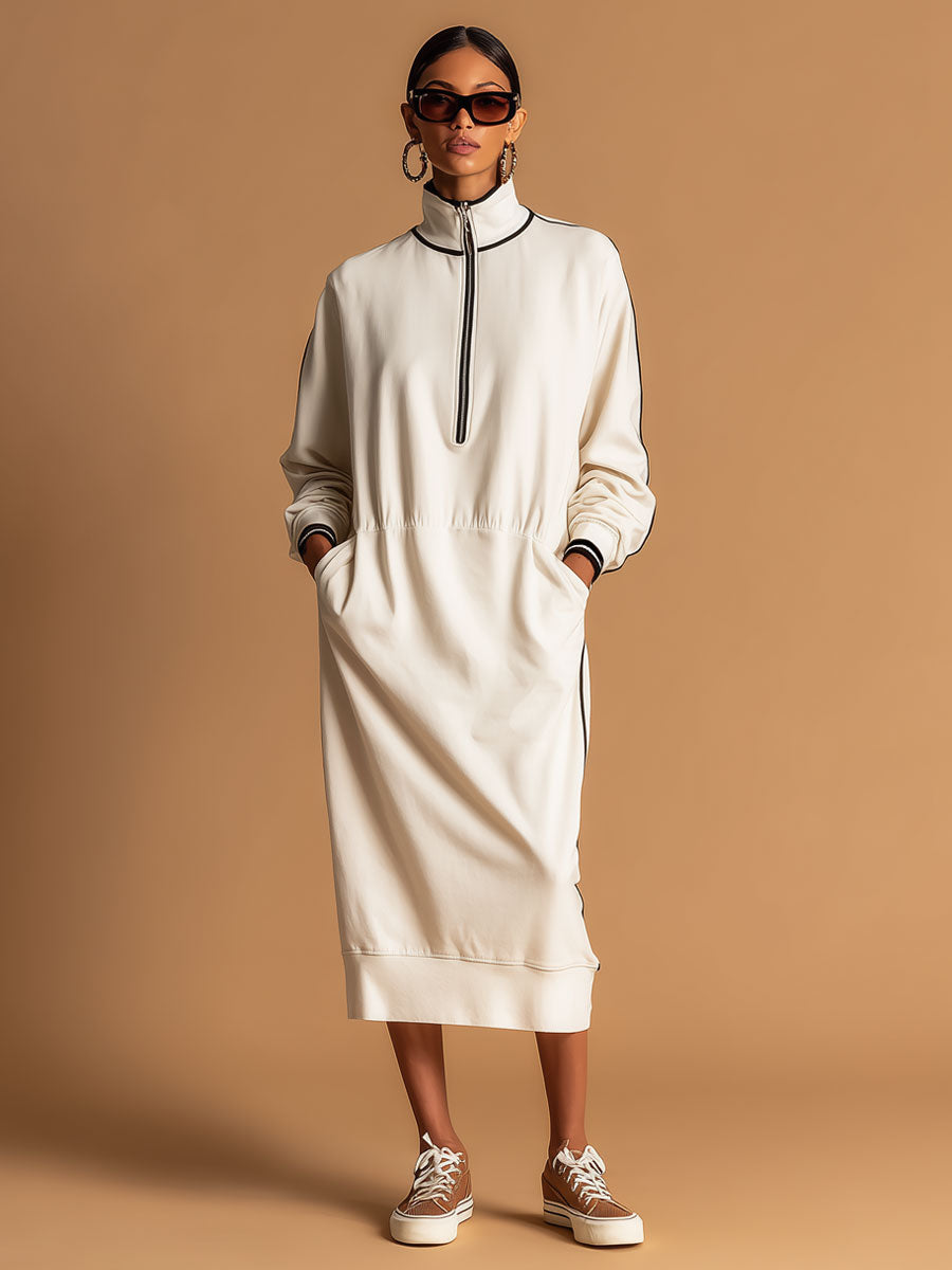 Sporty Retro-style Woven Off-white Cotton Blend Long-sleeved Midi Dress