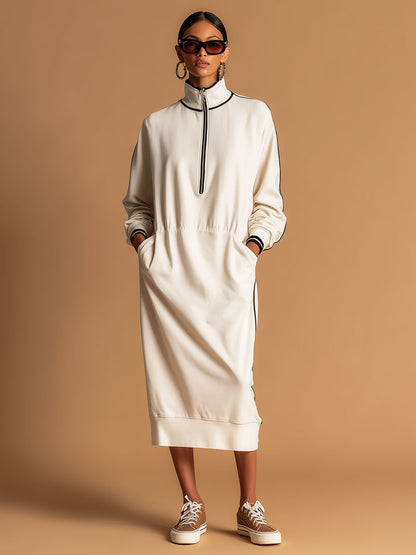 Sporty Retro-style Woven Off-white Cotton Blend Long-sleeved Midi Dress