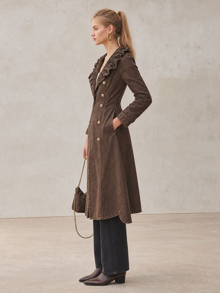 Brown Washed Denim Trench Coat Women Ruffle Collar Double-Breasted Belted Coat