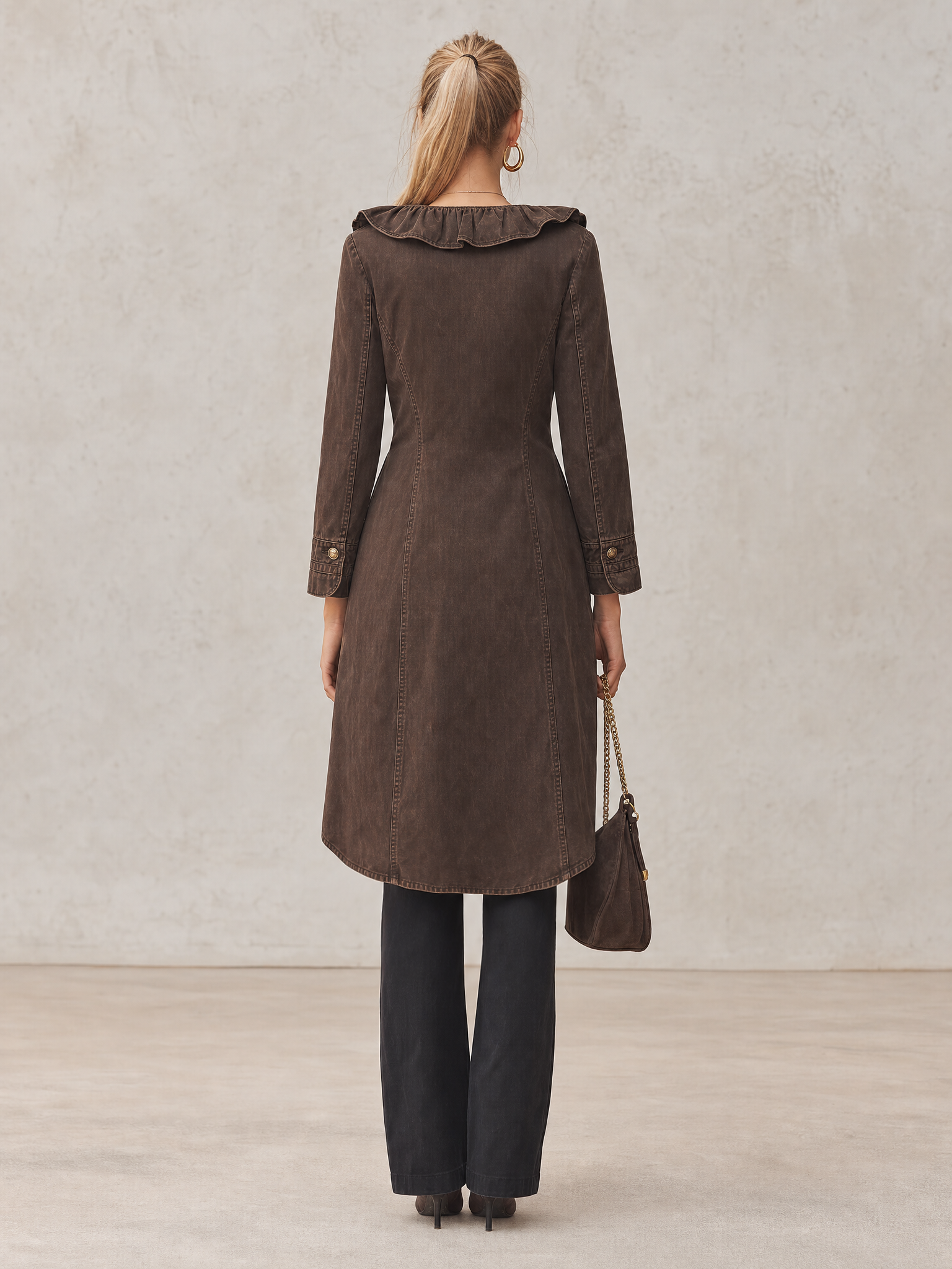 Brown Washed Denim Trench Coat Women Ruffle Collar Double-Breasted Belted Coat