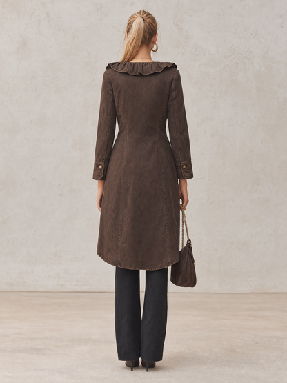 Brown Washed Denim Trench Coat Women Ruffle Collar Double-Breasted Belted Coat