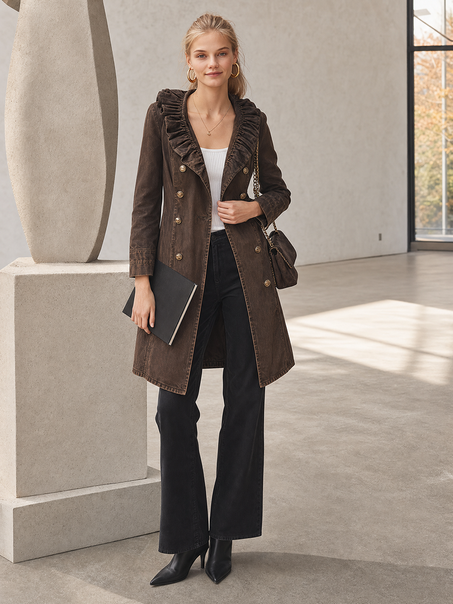 Brown Washed Denim Trench Coat Women Ruffle Collar Double-Breasted Belted Coat