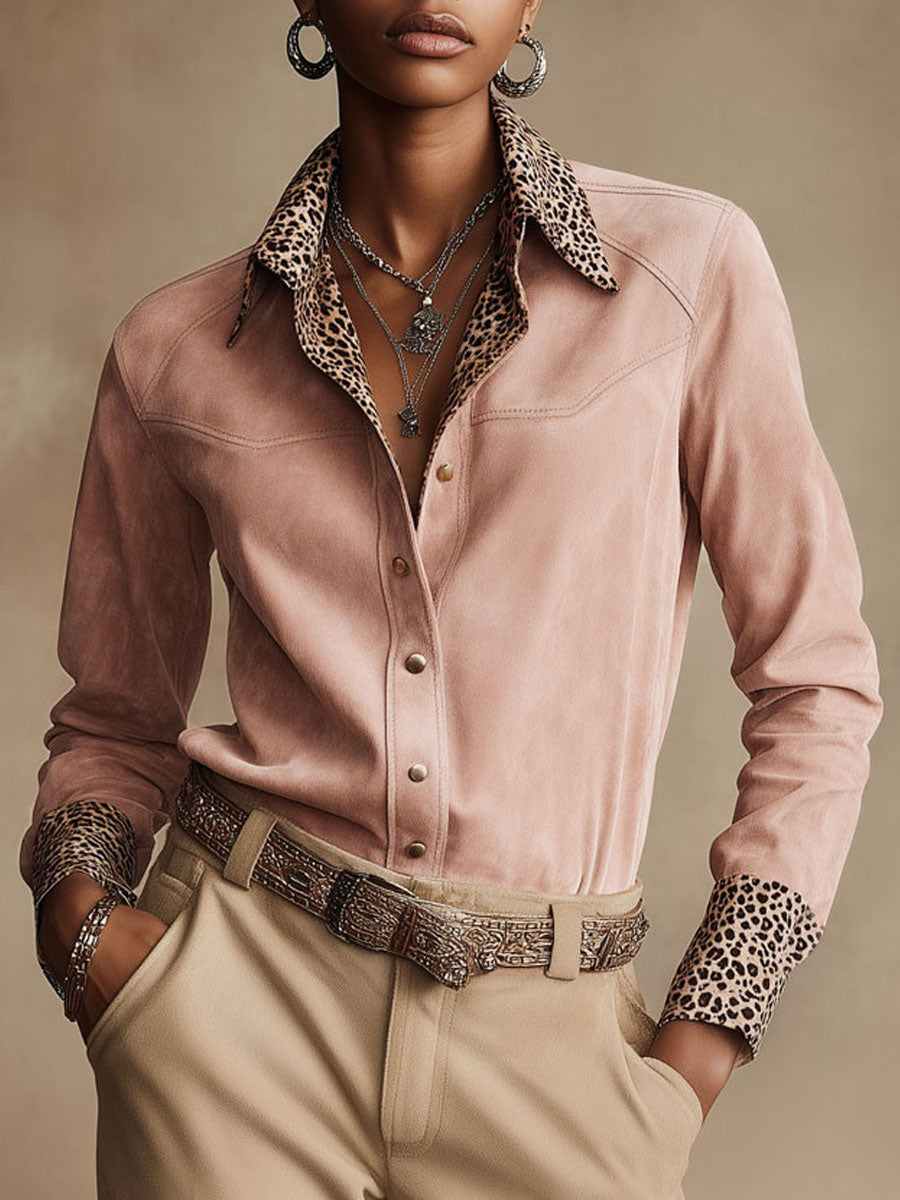 Western Retro Leopard Print Pink Faux Suede Long-Sleeve Shirt