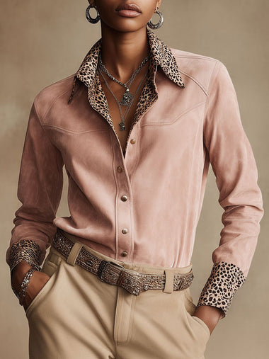 Western Retro Leopard Print Pink Faux Suede Long-Sleeve Shirt