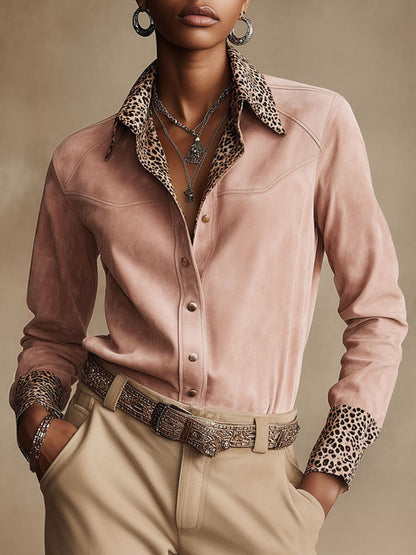Western Retro Leopard Print Pink Faux Suede Long-Sleeve Shirt