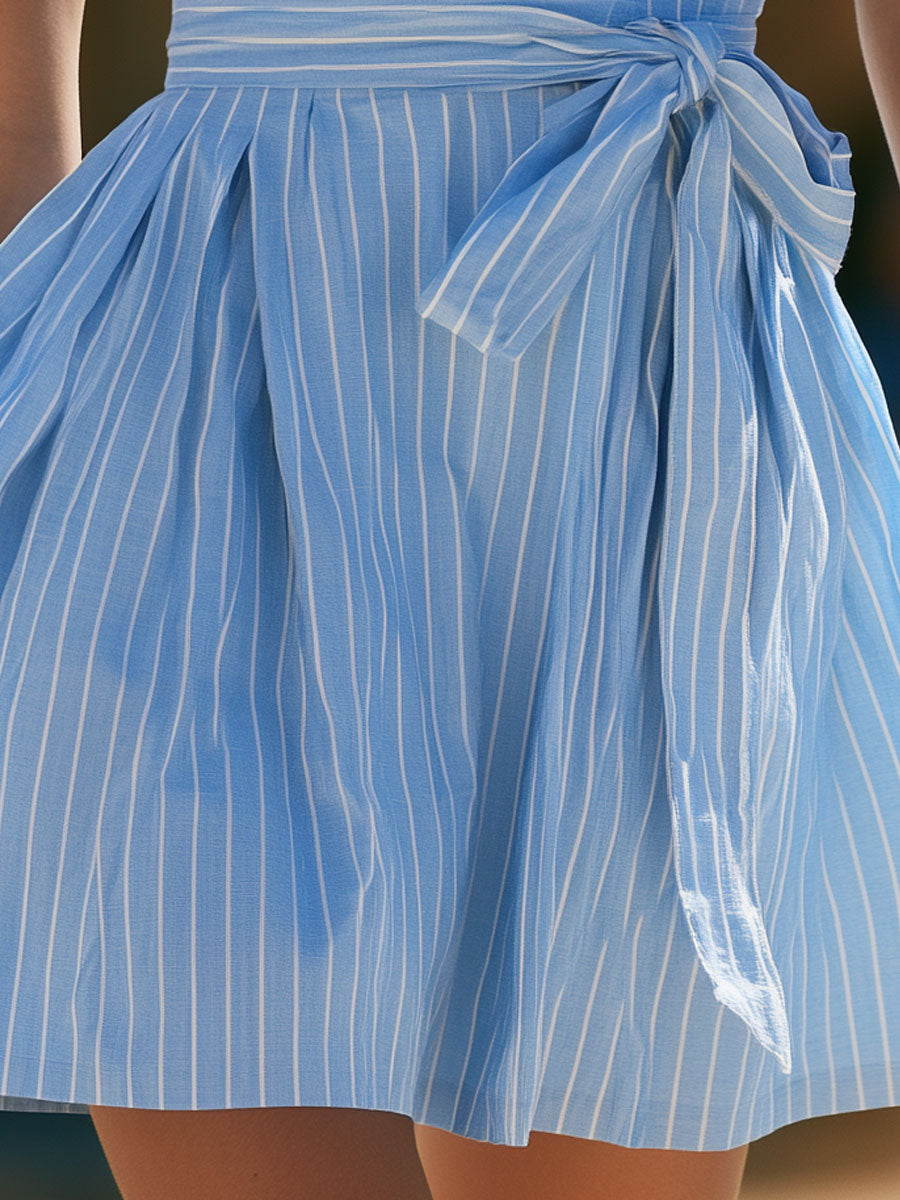 Retro-elegant Blue Striped Bow Strapless Cotton Mini Dress