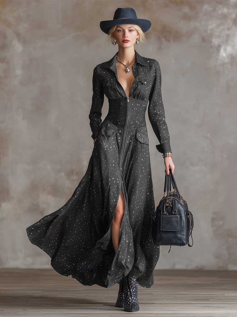 Elegant Polka Dot Gold Foil Gray Tencel Denim Maxi Dress