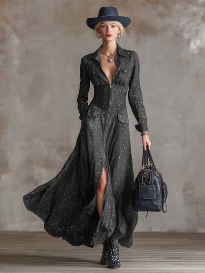 Elegant Polka Dot Gold Foil Gray Tencel Denim Maxi Dress