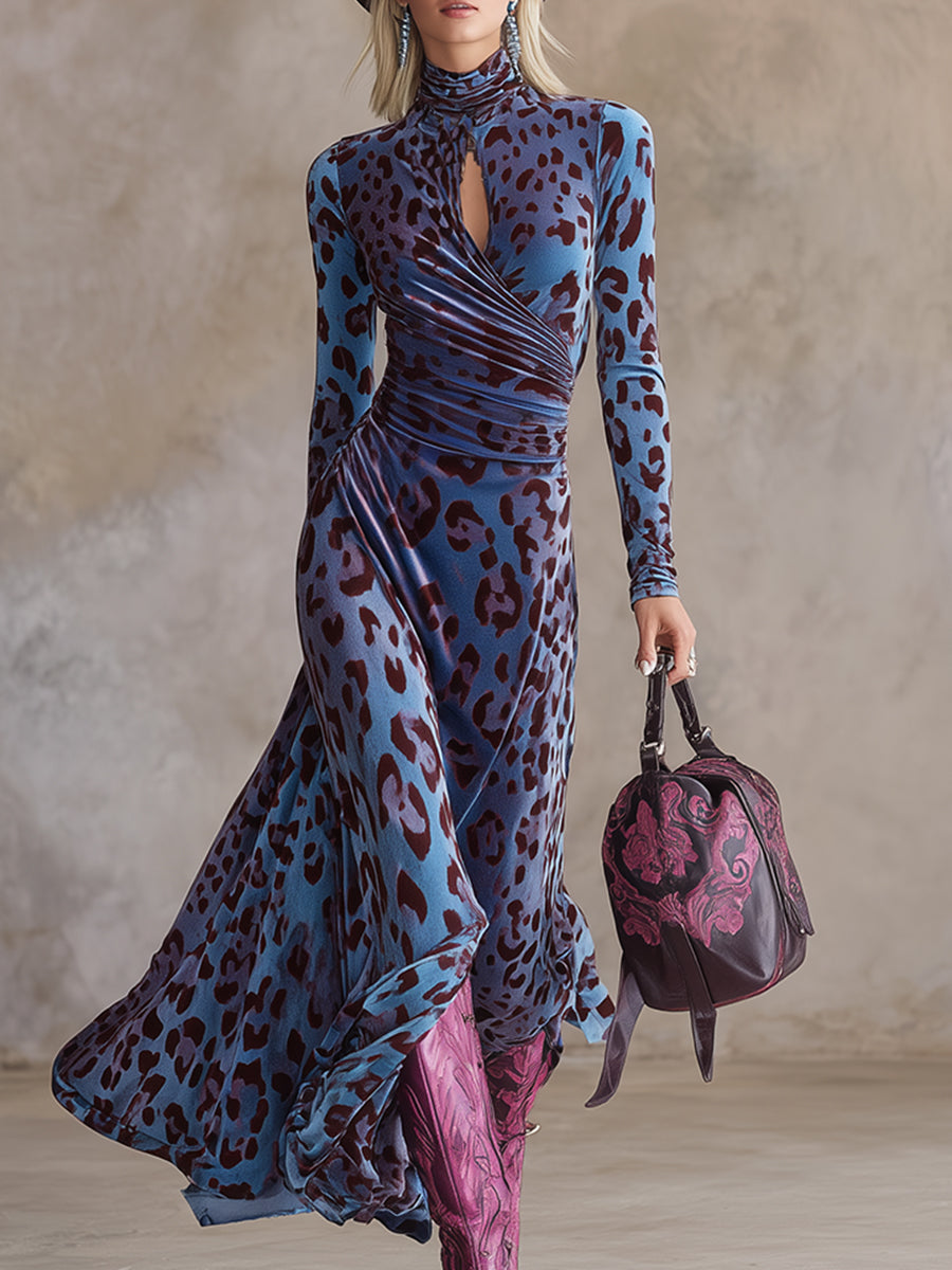 Stylish Urban Blue-Purple Leopard Print Stretch Velvet Maxi Dress