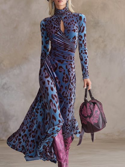 Stylish Urban Blue-Purple Leopard Print Stretch Velvet Maxi Dress