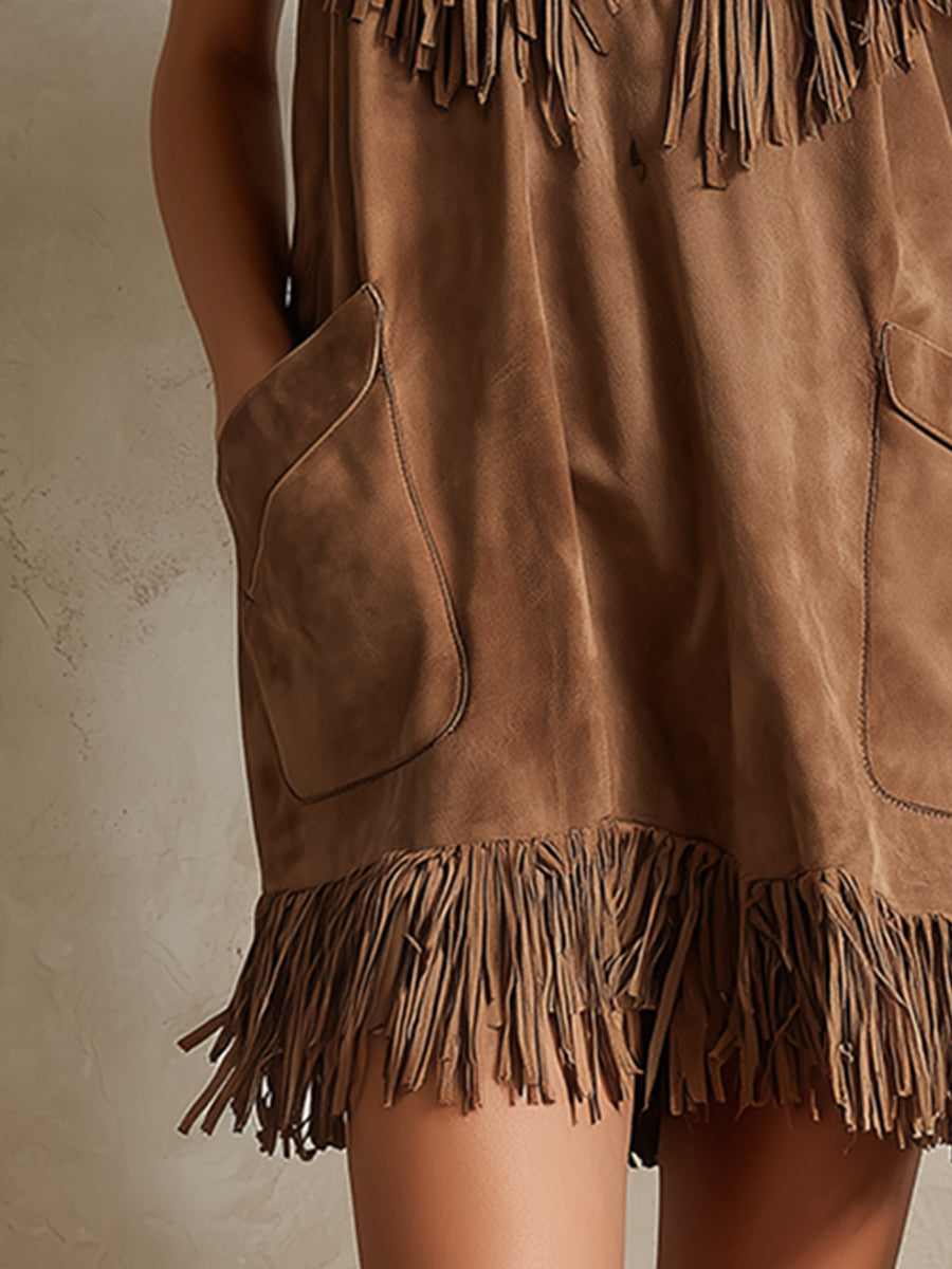 Stylish Western-style Light Brown Faux Suede Fringed Sleeveless Mini Dress