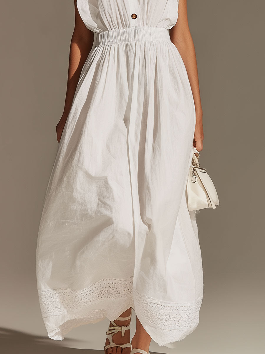 Elegant Vintage-style Embroidered White Sleeveless Cotton-blend Maxi Dress
