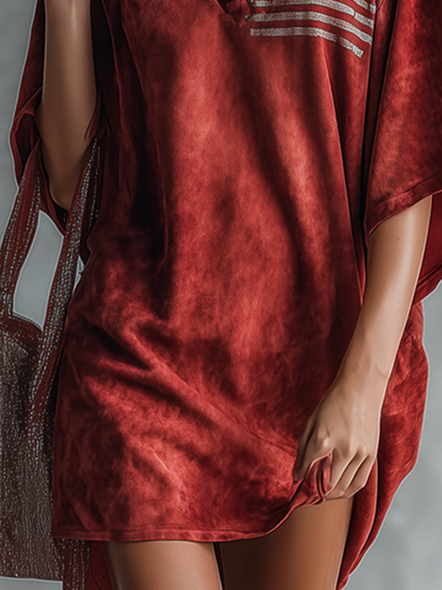 Retro Casual Flag Print Red Faux Suede Hooded Mini Dress