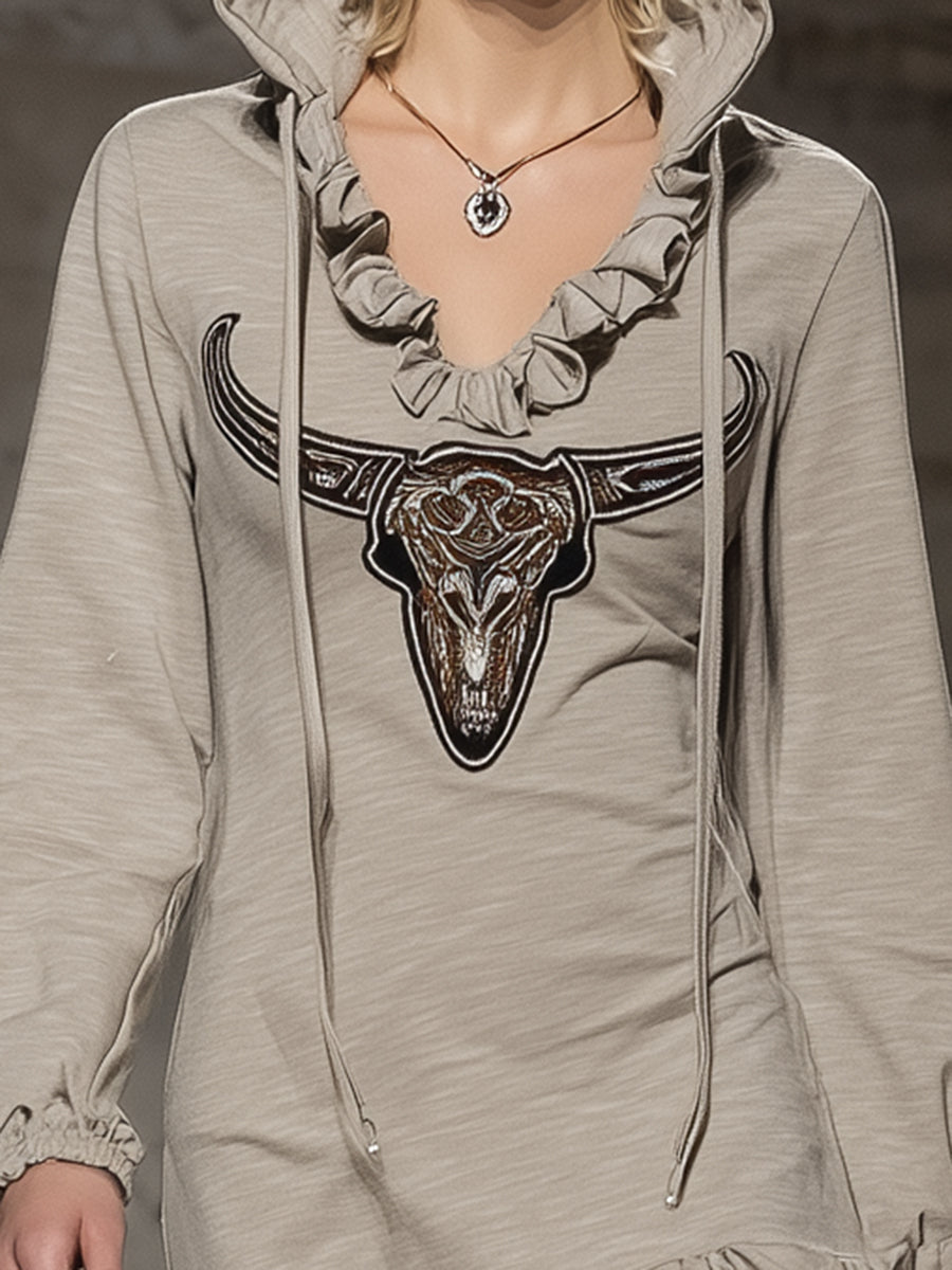 Stylish Grey Hooded Ruffled Bull&