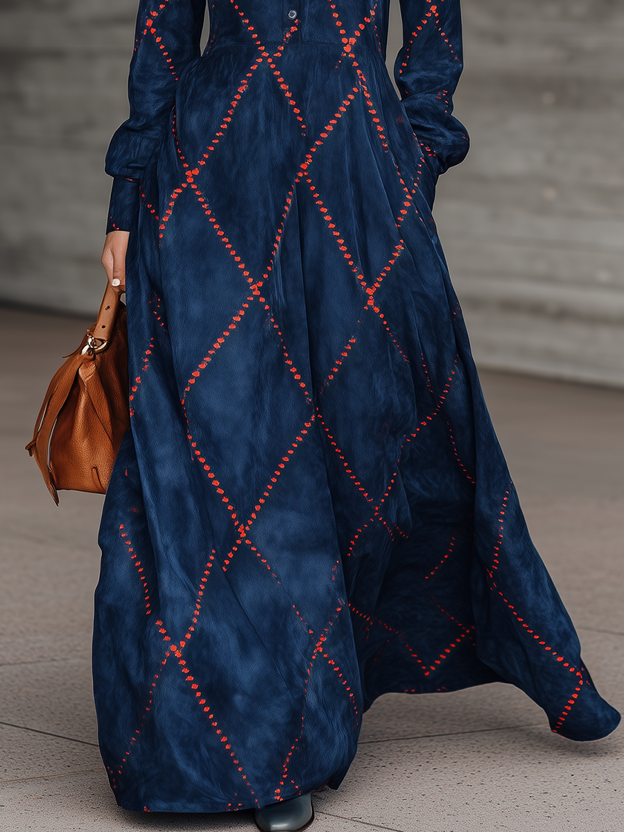 Loose-fitting Western-style Red Diamond-patterned Print Navy Blue Faux Suede Maxi Dress