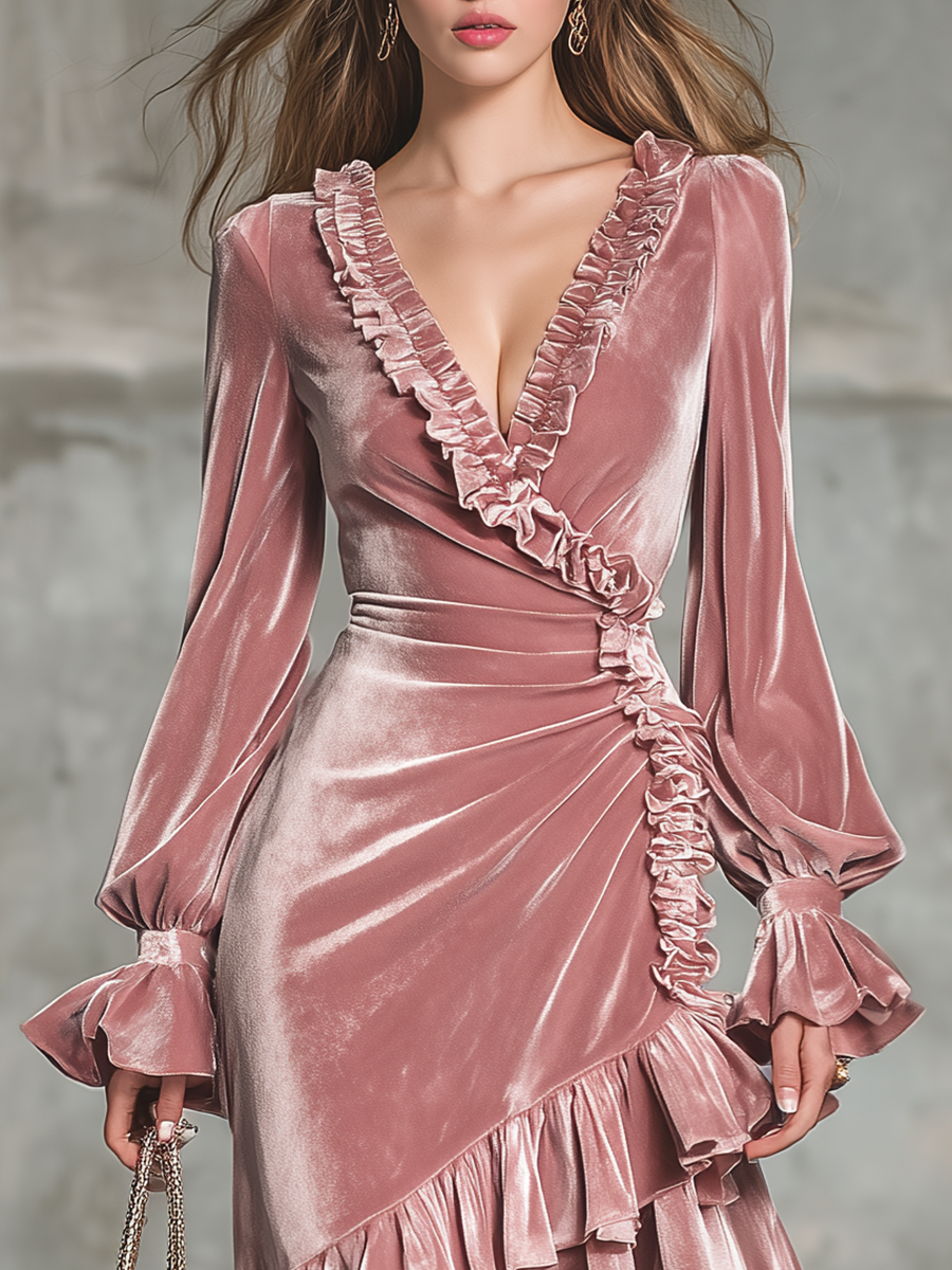 Elegant Retro V-neck Ruffled Velvet Midi Dress